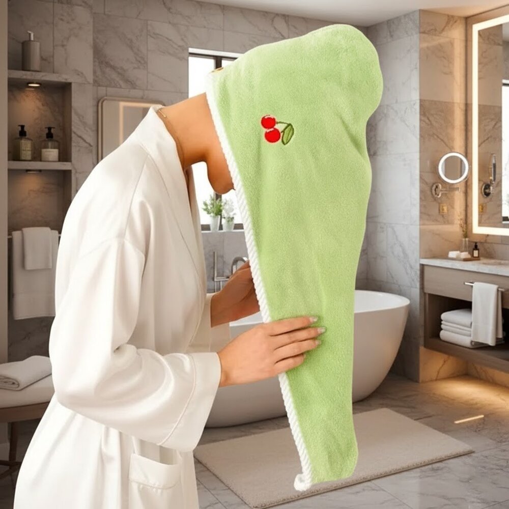 GREEN CHERRY EMBROIDERY HAIR TOWEL 1 PIECE